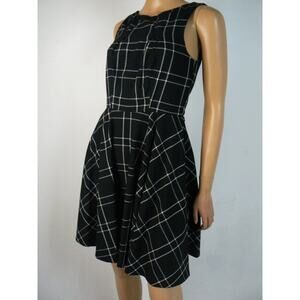 Elle Black White Plaid Fit & Flare Cocktail Wear to Work Dress 2 NEW